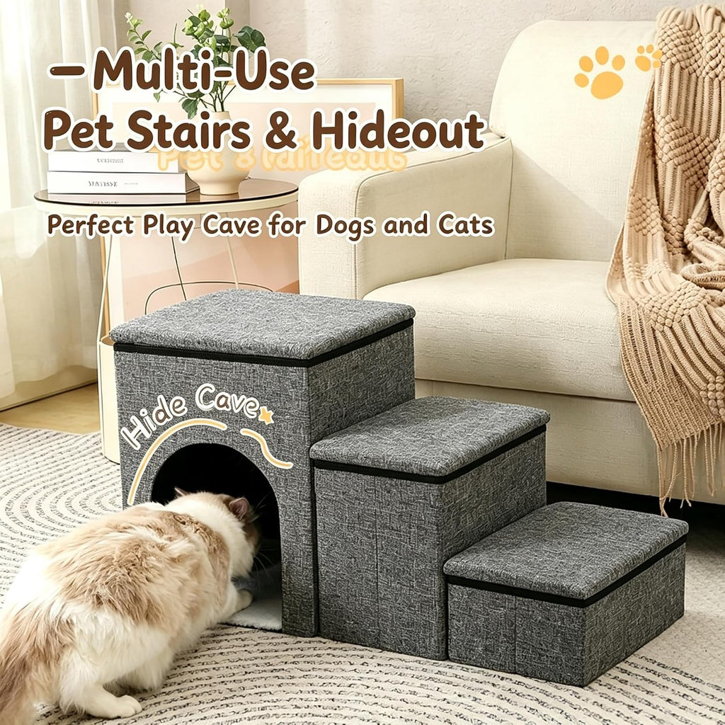 Foldable 3-Step Pet Stairs with Storage & Cat House, Non-Slip Dog Steps Ramp, Sturdy Pet Ladder for Couch, Bed, Ideal