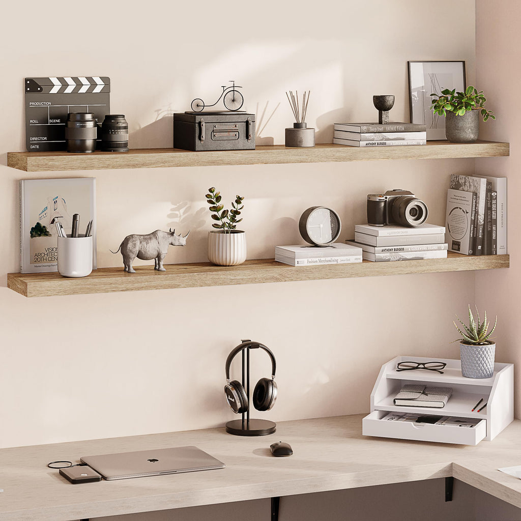 Floating Shelves for Wall, 60" Wood Wall Shelf Set of 2, with Invisible Brackets, 8" Deep, Oak Finish
