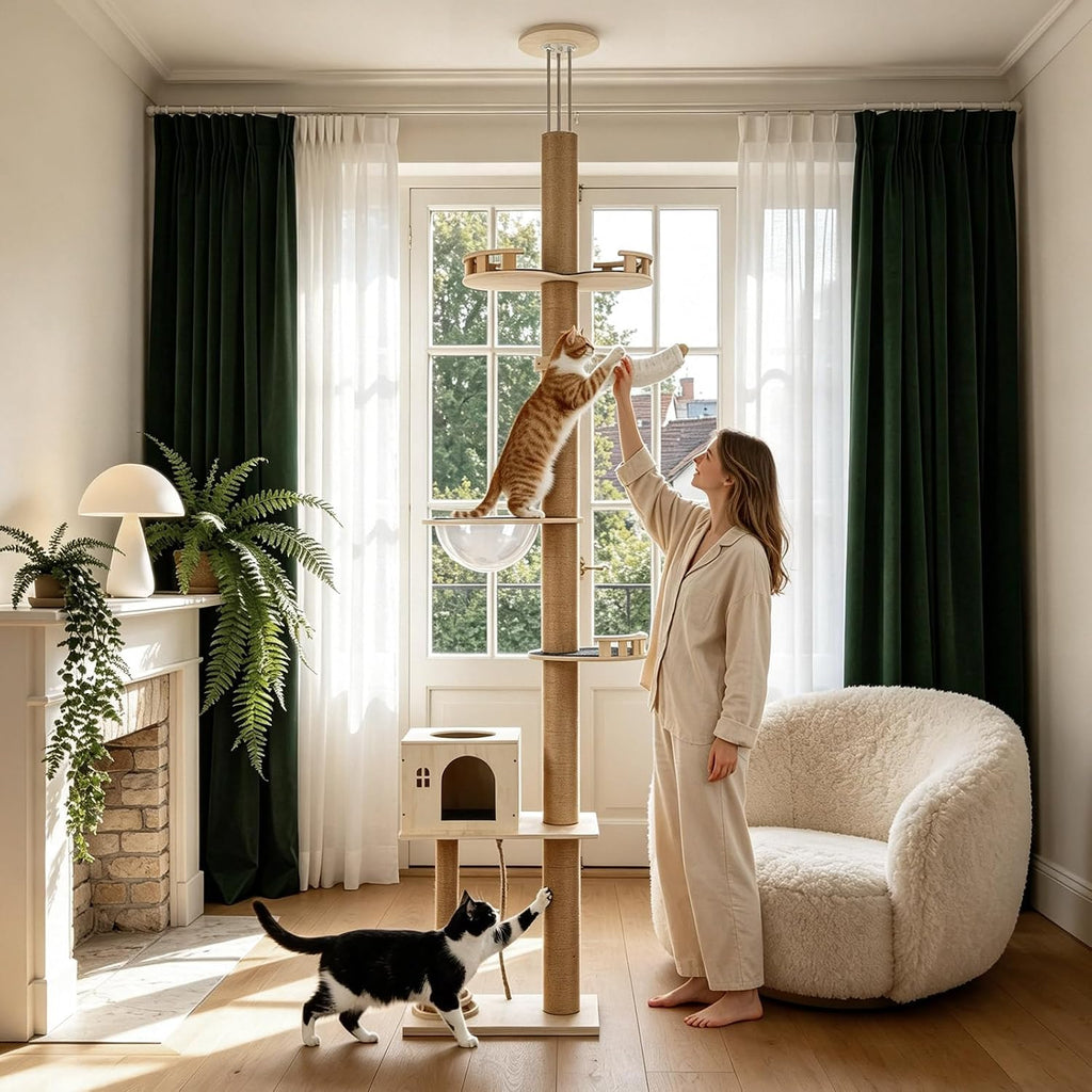 Floor to Ceiling Cat Tree, Tall Wood Pet Tower with Scratching Post
