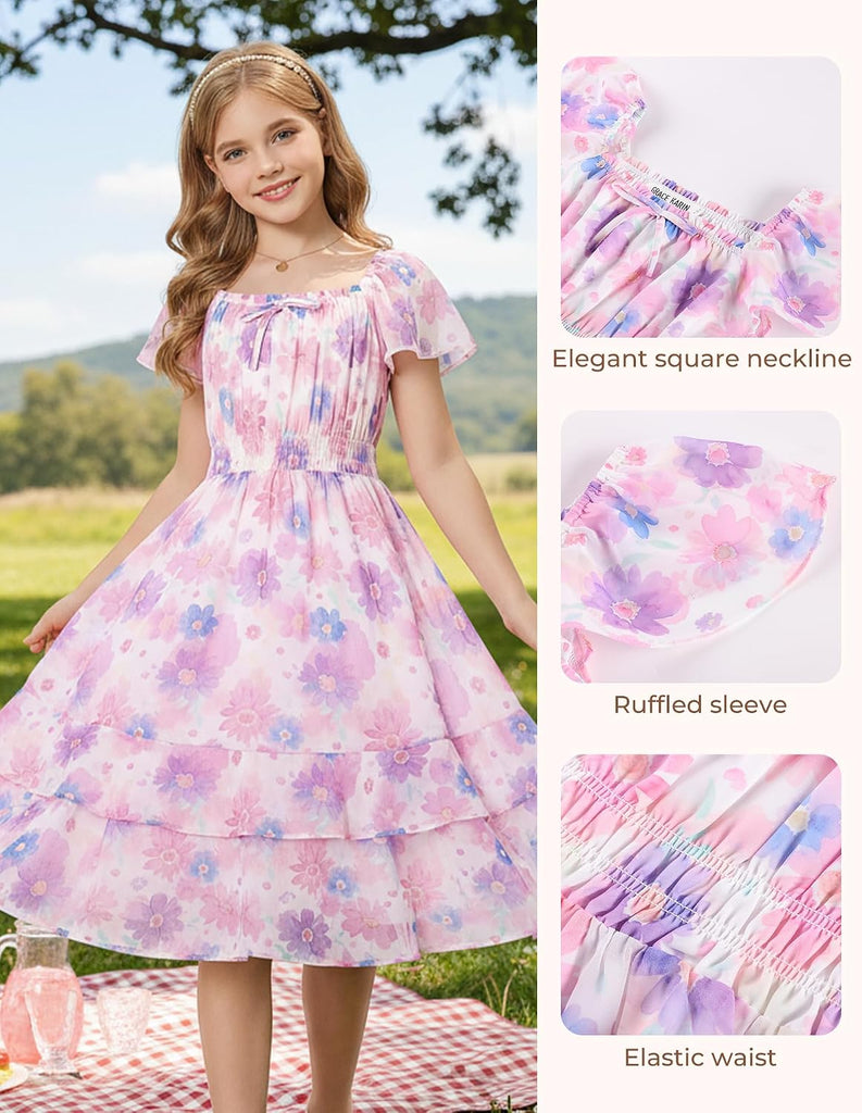 Girls Floral Summer Dress Flutter Sleeve Square Neck Midi Casual Dress for Girl