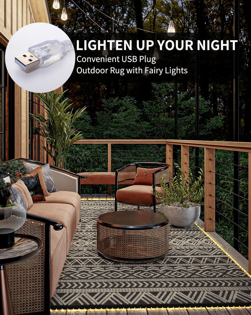Outdoor Rug Carpet RV Camping with Led Strip Lights Waterproof Plastic Straw Rug Reversible Portable Outside