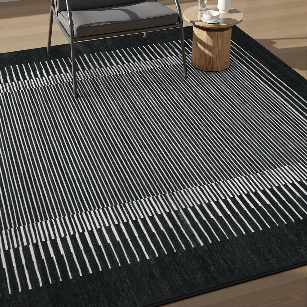 Washable Striped Washable Area Rug, Non-Slip Black Berber Stripe Rugs, Low Pile Minimalist Floor Carpet Rugs