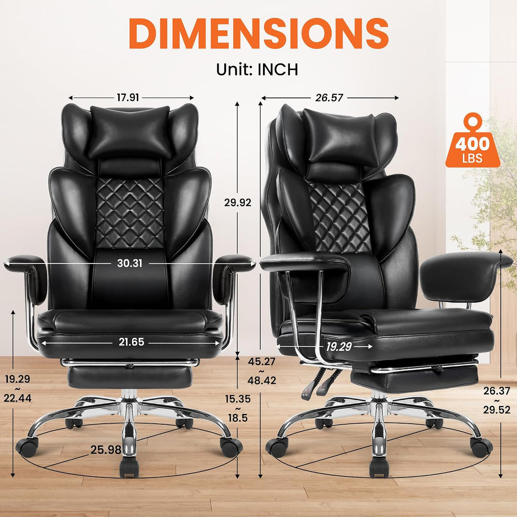 Big & Tall Leather Office Chair, High Back, Lumbar Support, Black | Gaming Chair for Adults and Computer Use