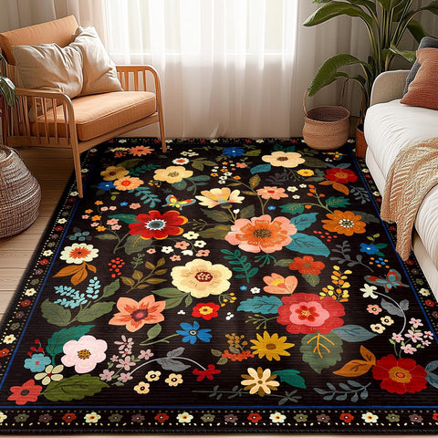 5x7 Washable Floral Area Rug, Soft Non-Slip Carpet for Kids Girls Room Bedroom Black