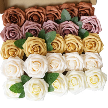 25pcs Artificial Flower Purple Foam Rose Real Touch Roses Flower Heads with Stem for DIY Wedding Bouquets