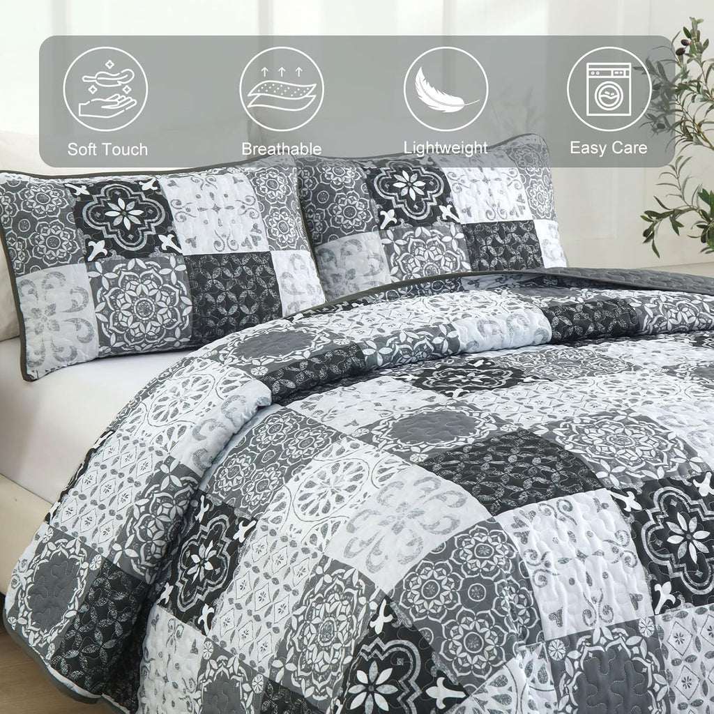 Grey Black Quilt Set Queen, Boho Plaid Patchwork Bedspreads Coverlet Set, 3 Pieces Soft Lightweight Microfiber
