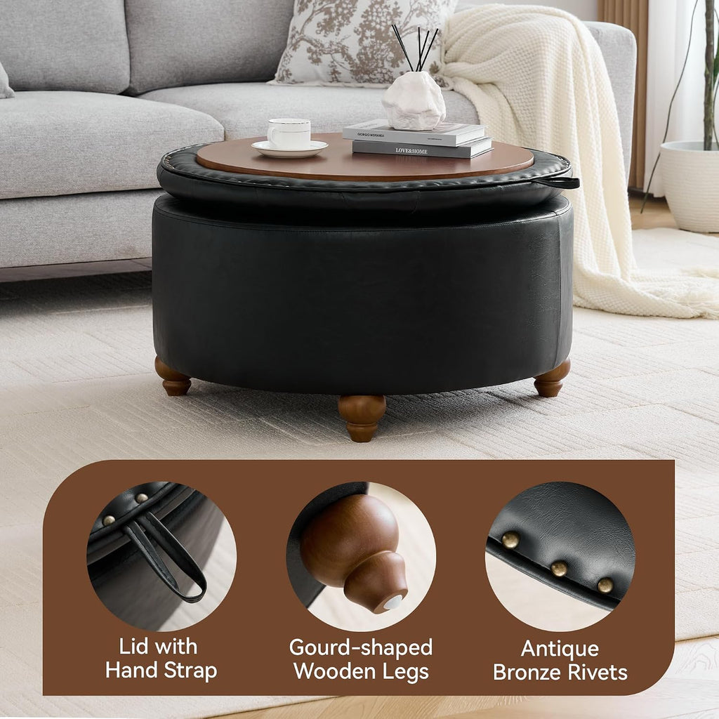 30Inch Round Storage Ottoman with Tray, Modern Tufted Leather Circle Coffee Table with Storage, Upholstered Ottoman