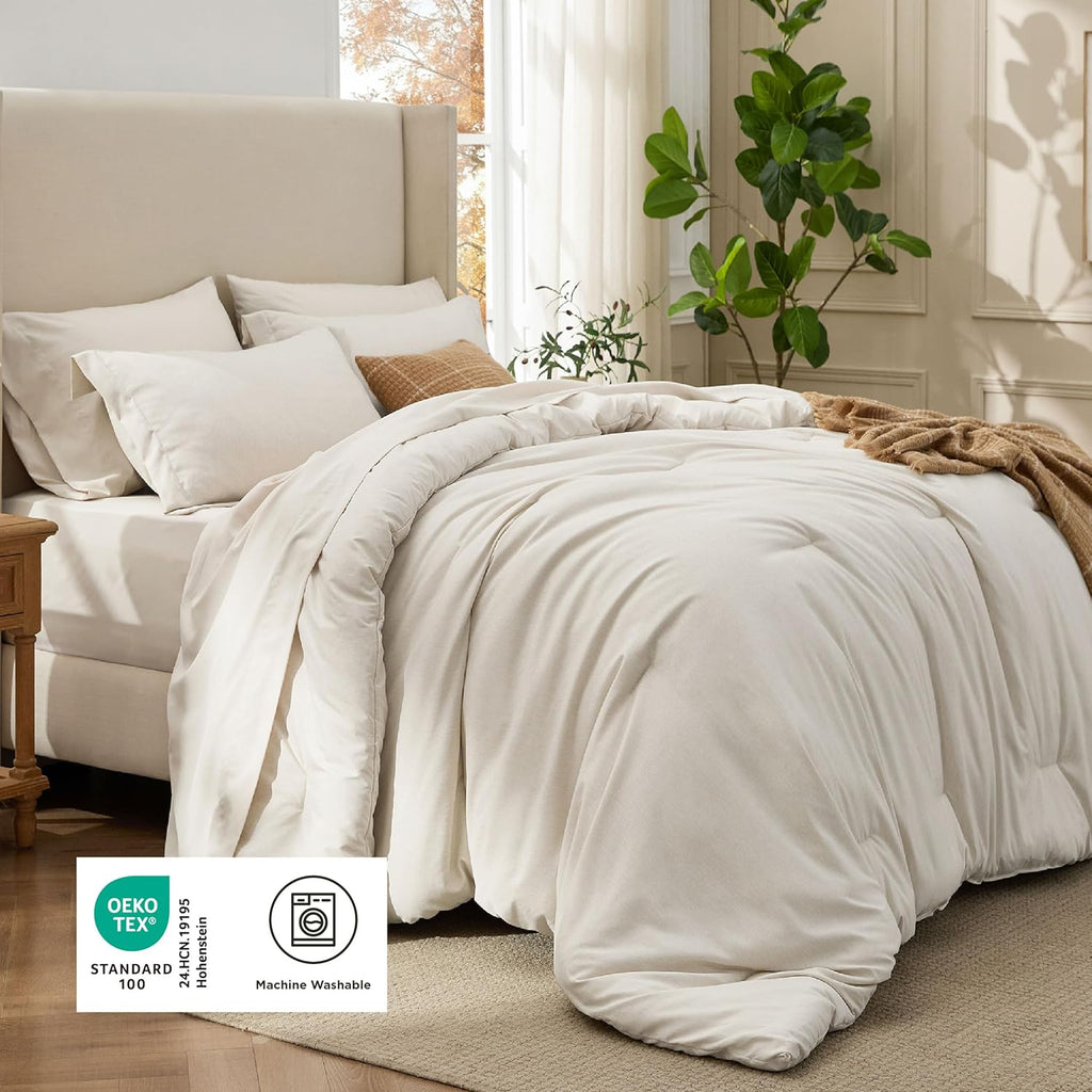 King Comforter Set Beige - Bed in a Bag King Bedding 7 Pieces, Cationic Dyed Bed Set Gift for Family