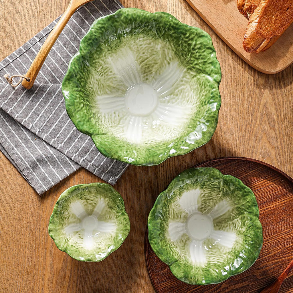 Green Cabbage Serving Bowl Set of 3 - Extra Large 60oz, 16oz, 5oz Nesting Mixing Bowls, Porcelain Dishes for Salad