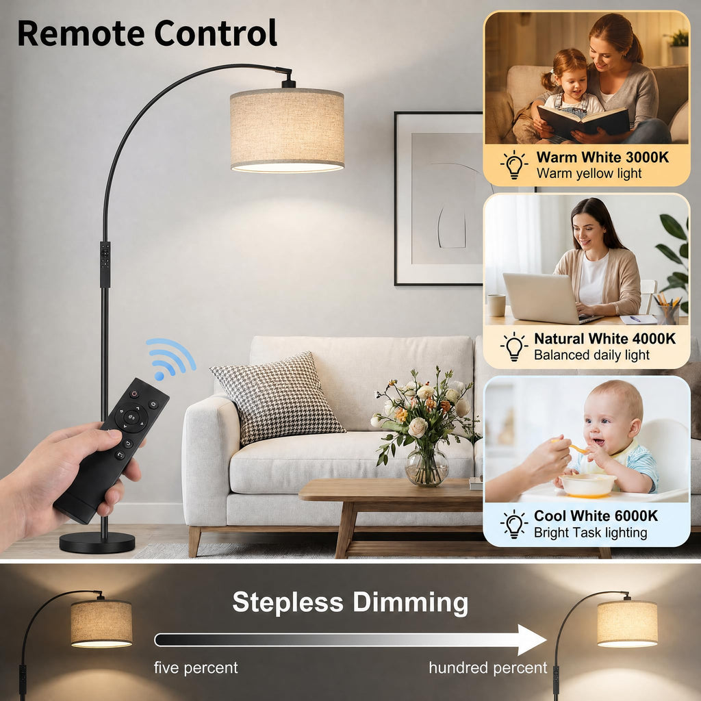 Arc Floor Lamps with Remote Control and Stepless Dimmable Color Temperature and Brightness Standing Lamp with