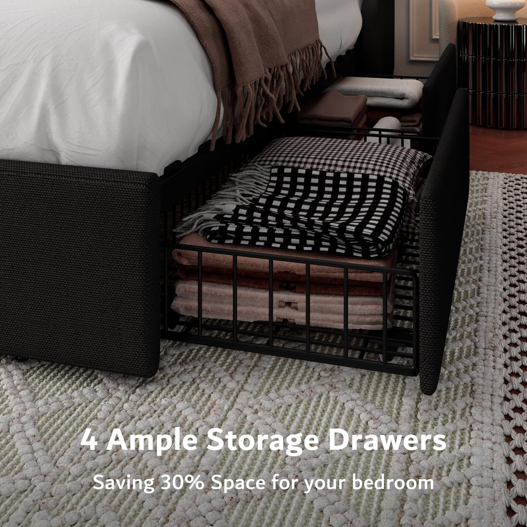 Queen Bed Frame with 4 Storage Drawers, Upholstered Platform Bed Frame with Type-C & USB Ports, Wingback Storage