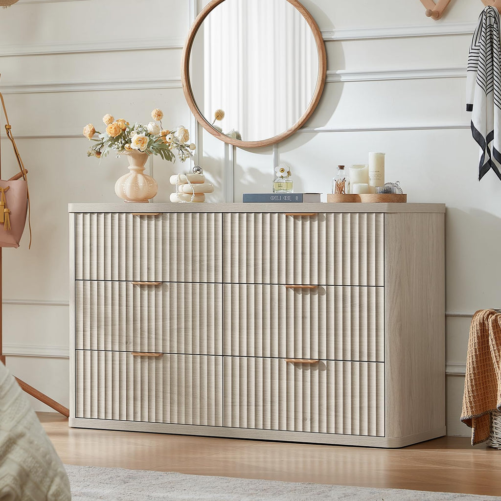Fluted 6 Drawers Dresser Set of 2, 48" Wide Modern Chest of Drawers with Metal Handle, Light Grey Curved Profile