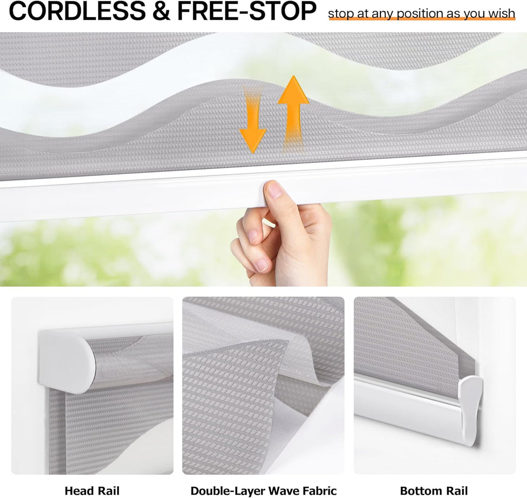 No Drill Cordless Zebra Blinds, 35" W x 48" H, Stone Grey | Dual Layer Light Control Roller Shades, Light Filtering