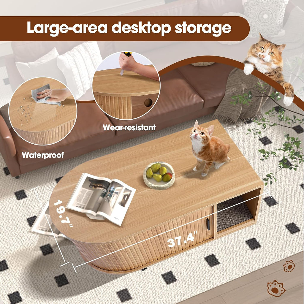 Fluted Cat Litter Box Enclosure, 37.4" Large Hidden Litter Box Furniture, Wooden Litterbox Cabinet with Cat Scratch