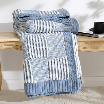 Checkered Knit Throw Blanket for Couch, Blue 50"x60"