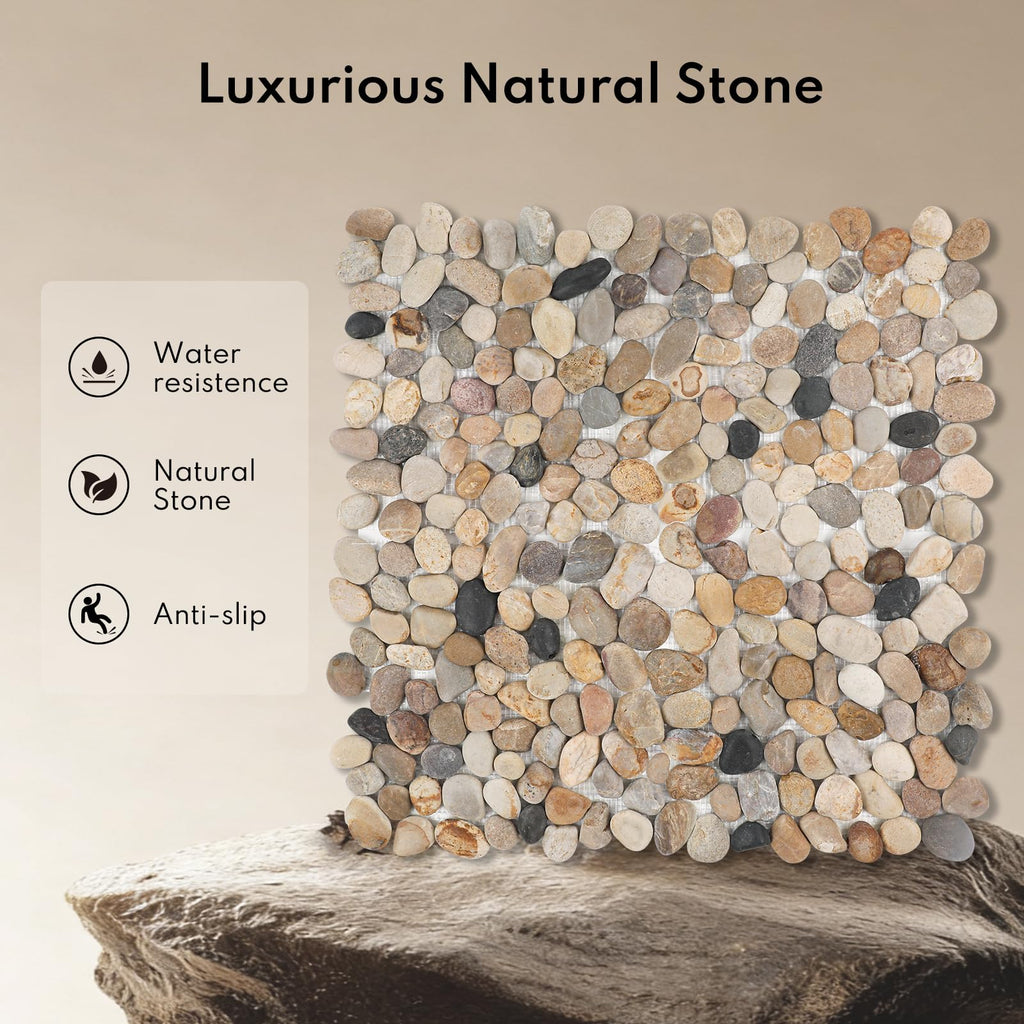 Pebble Tiles for Shower and Bathroom Floor, Tumbled Mix River Rock Pebble Stone Mosaic Tile with Matte Surface, 5