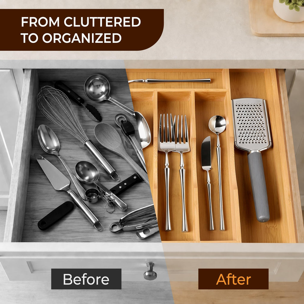 Expandable Bamboo Kitchen Drawer Organizer for Cutlery and Utensils, Adjustable Bamboo Wood Cutlery Tray in Drawer