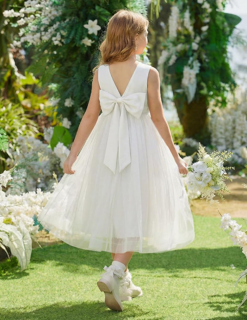 Flower Girl Dress V-Back Bowknot Formal Party Long Tulle Dresses