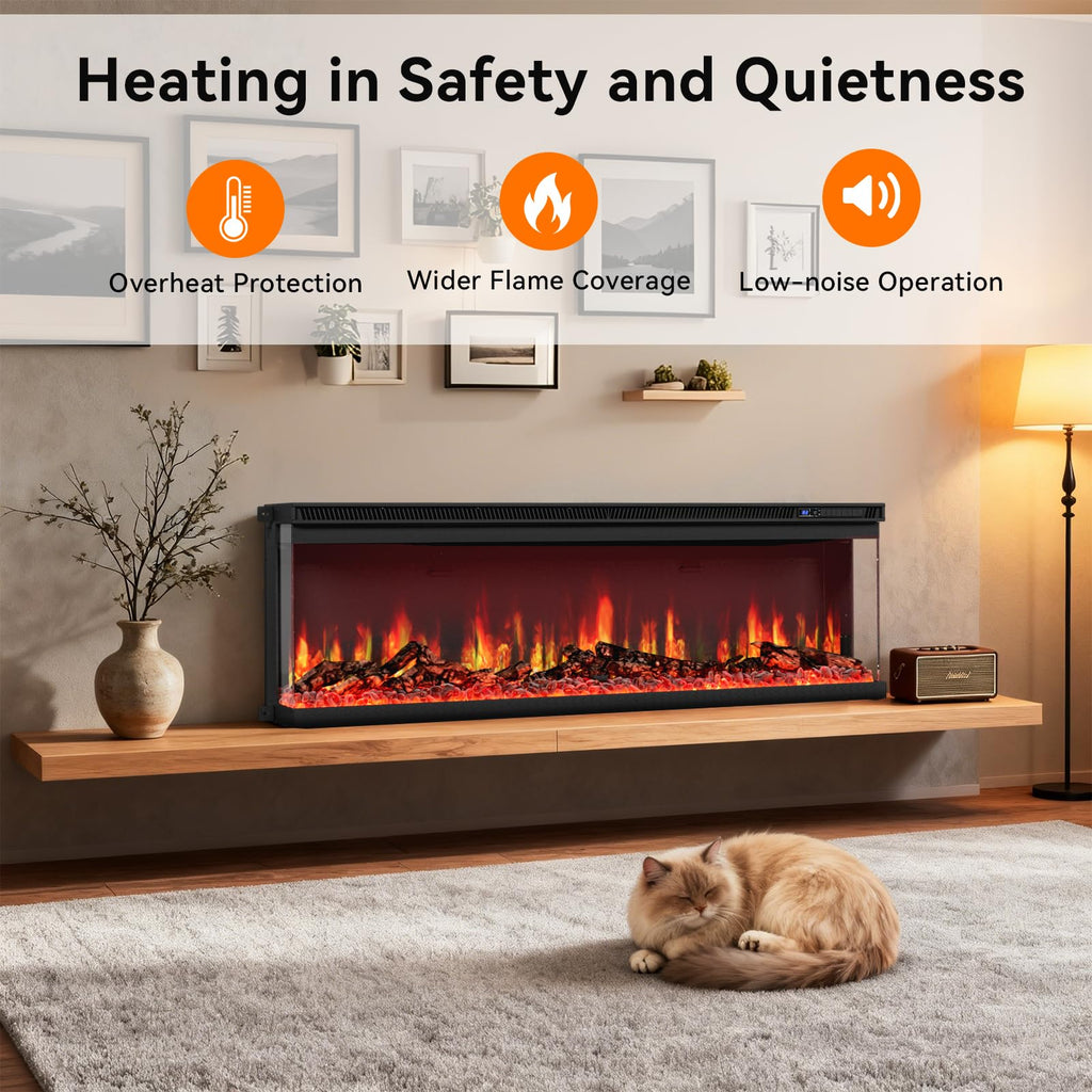 72-inch 3-Sided Wall Mount Electric Fireplace, Recessed & Built-in Design with Wi-Fi/Remote, 1500W Heater, 12 Flame