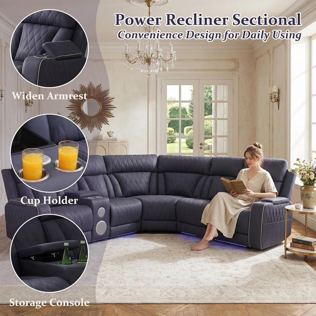 Power Reclining Sectional Couch with Speakers, Faux Leather Recliner Sofa, L-Shaped Reclining Sectional with LED
