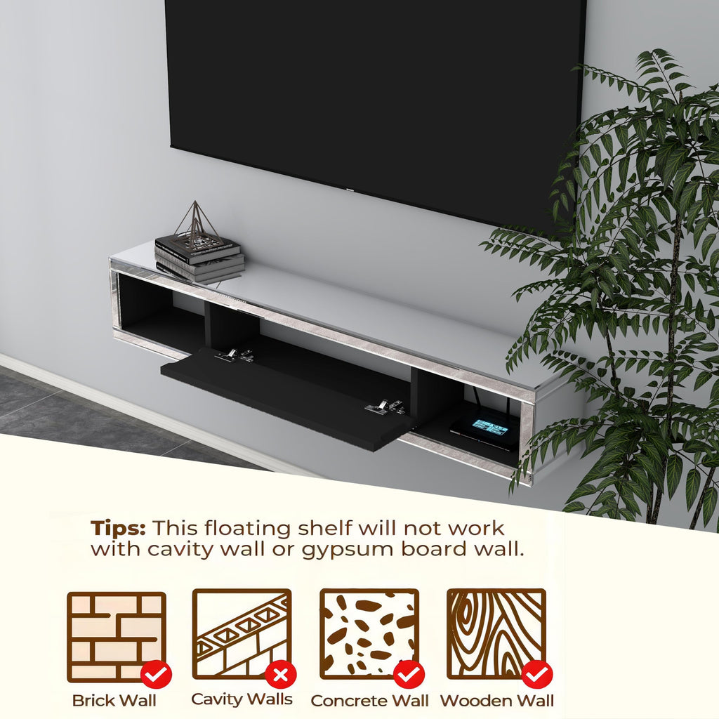 Mirrored Floating, 47 1/2" Wall Mounted Floating TV Shelf with Crushed Diamonds, Glass Floating Entertainment Center