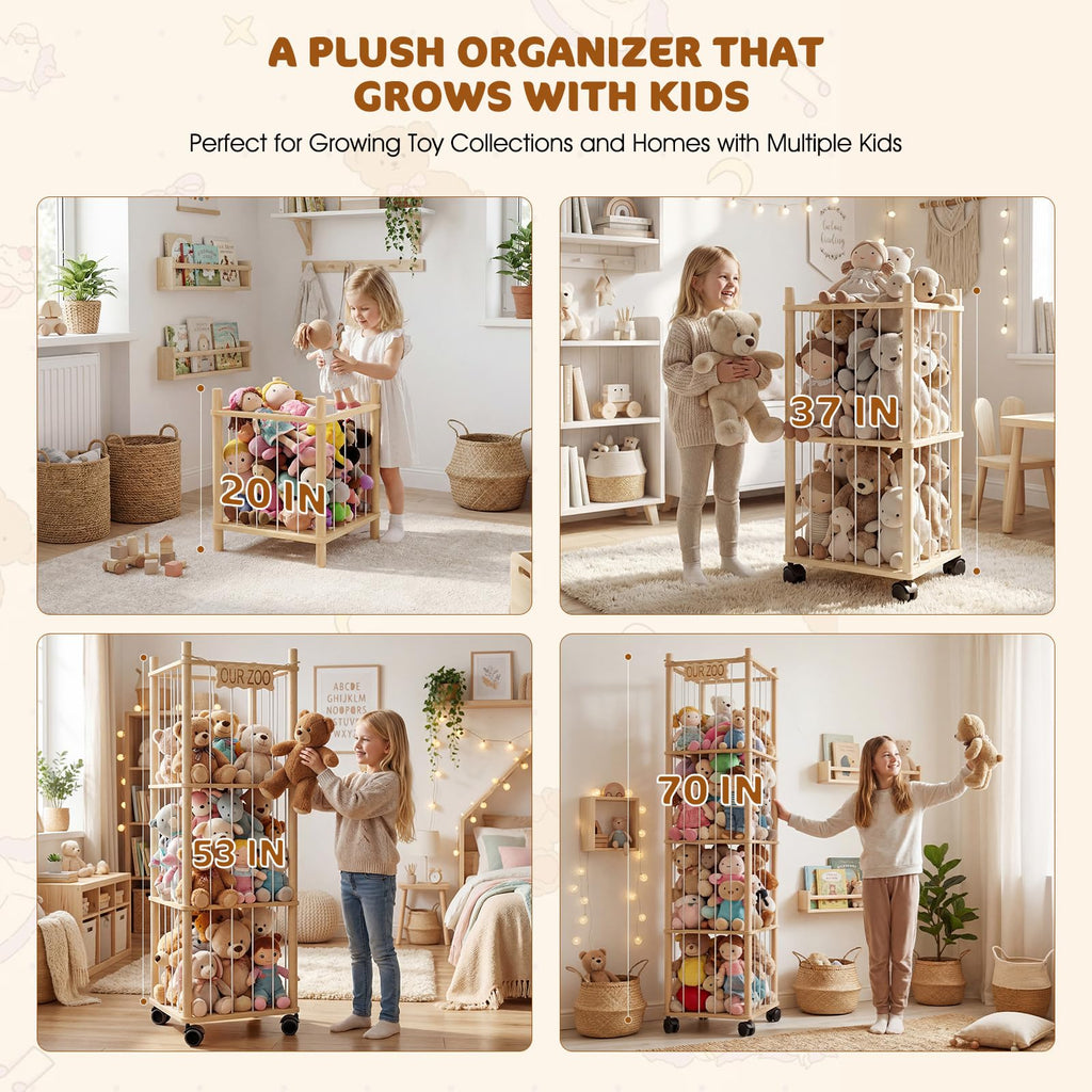 DIY Stuffed Animal Storage Kit, Adjustable 1-4 Tier Stuffed Animal Organizer with Wheels, Large Plushies Storage for