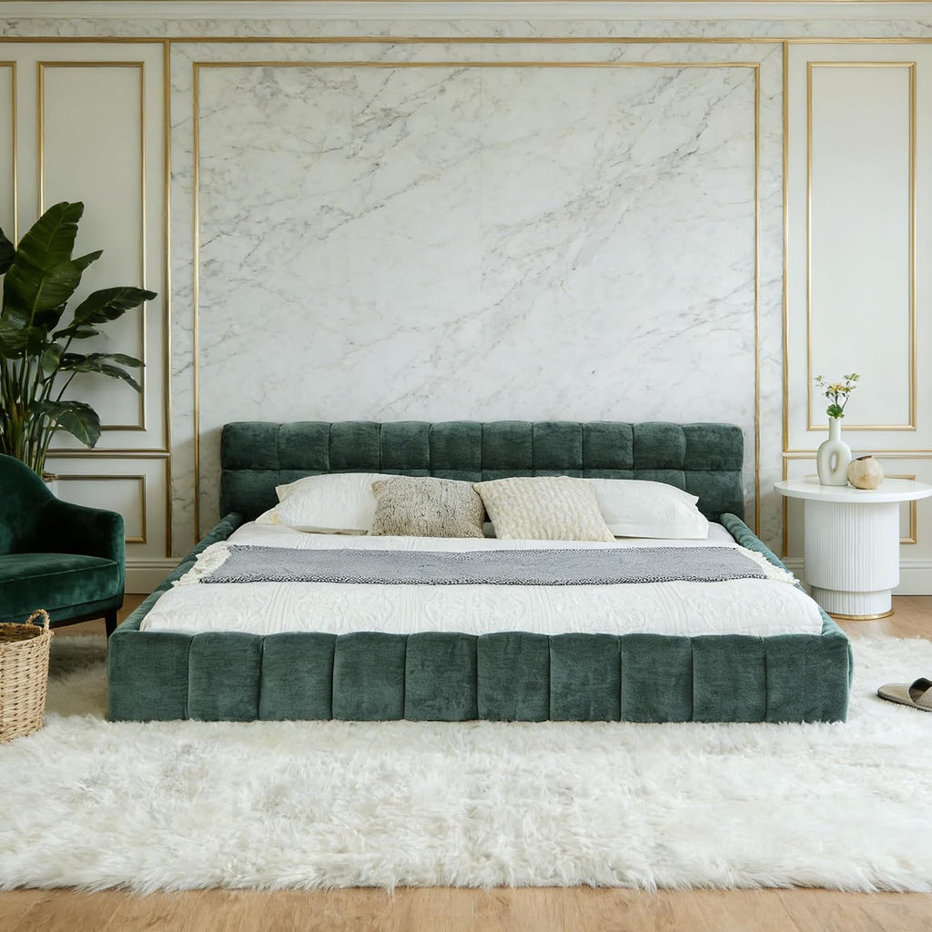 Upholstered Platform Bed Frame with Headboard, Modern Low Profile Grounded Bed Frame, Chunky Fluted Chenille