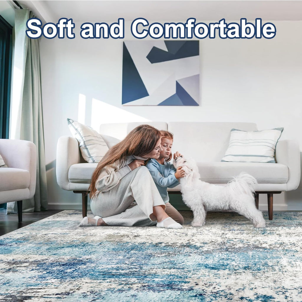 Washable Area Rug Living Room Rugs 8X10 - Neutral Modern Abstract Rugs Soft Carpet with Non Slip Backing for Under
