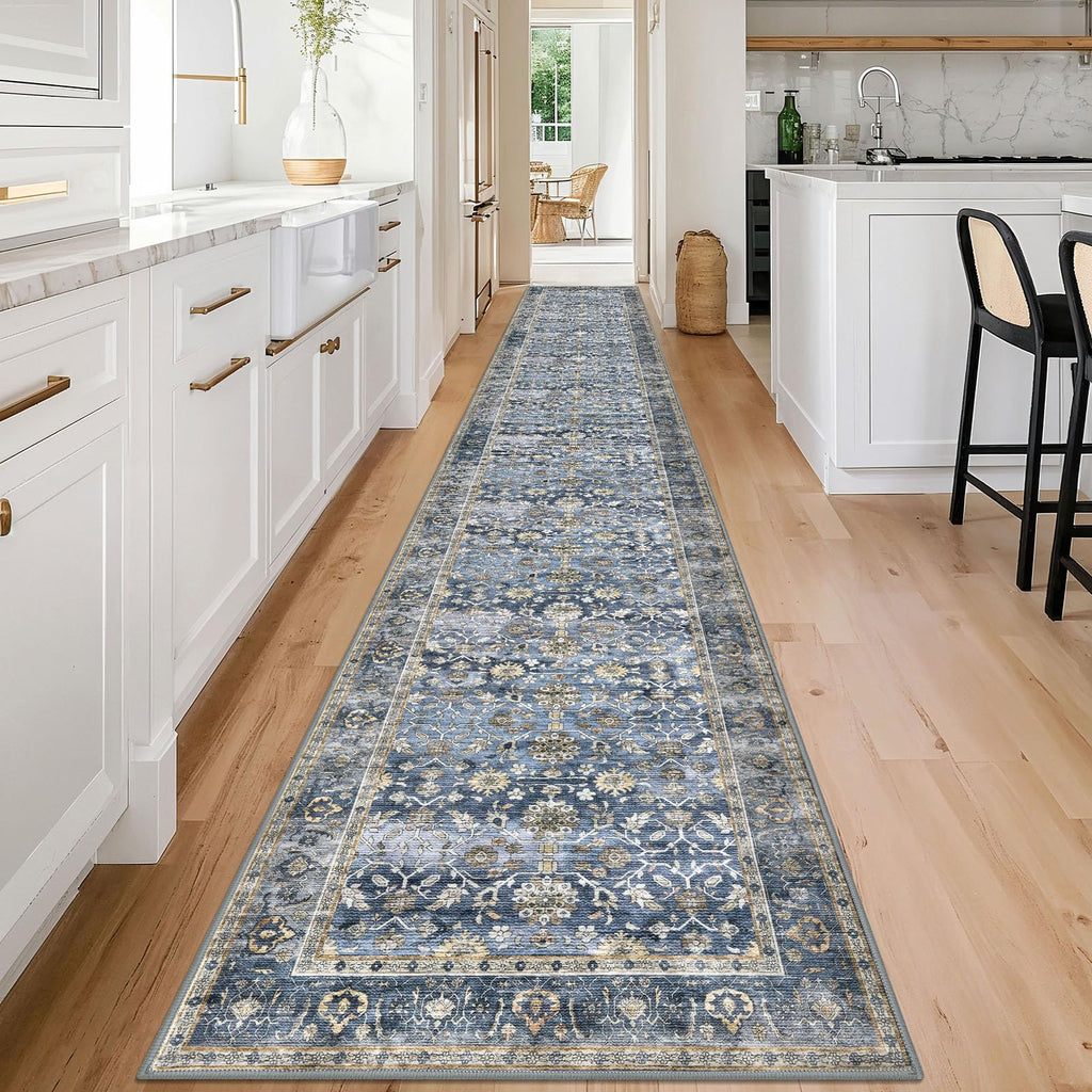 Vintage Washable Long Runner Rug 2.6x18 Blue Grey Beige Hallway Rug