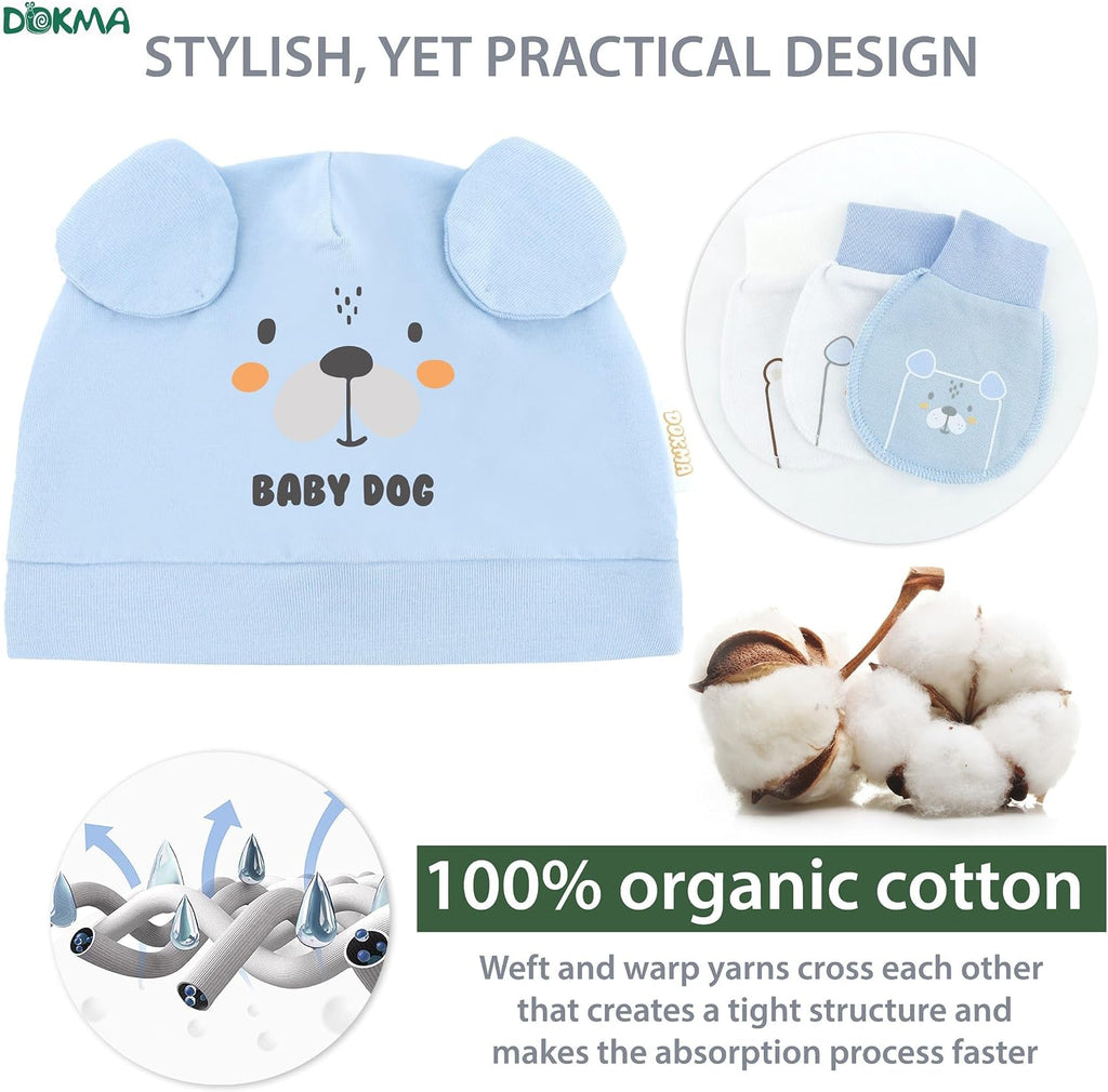Organic Cotton Baby Mittens and Caps Set with Adorable Bear Design for Newborn 0-6 Months, No Scratch, Ultra Soft - 5