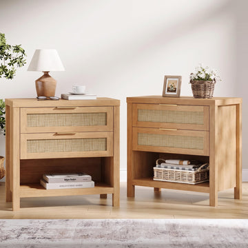 Rattan Nightstands Set of 2 with 2 Drawers and Storage Shelf