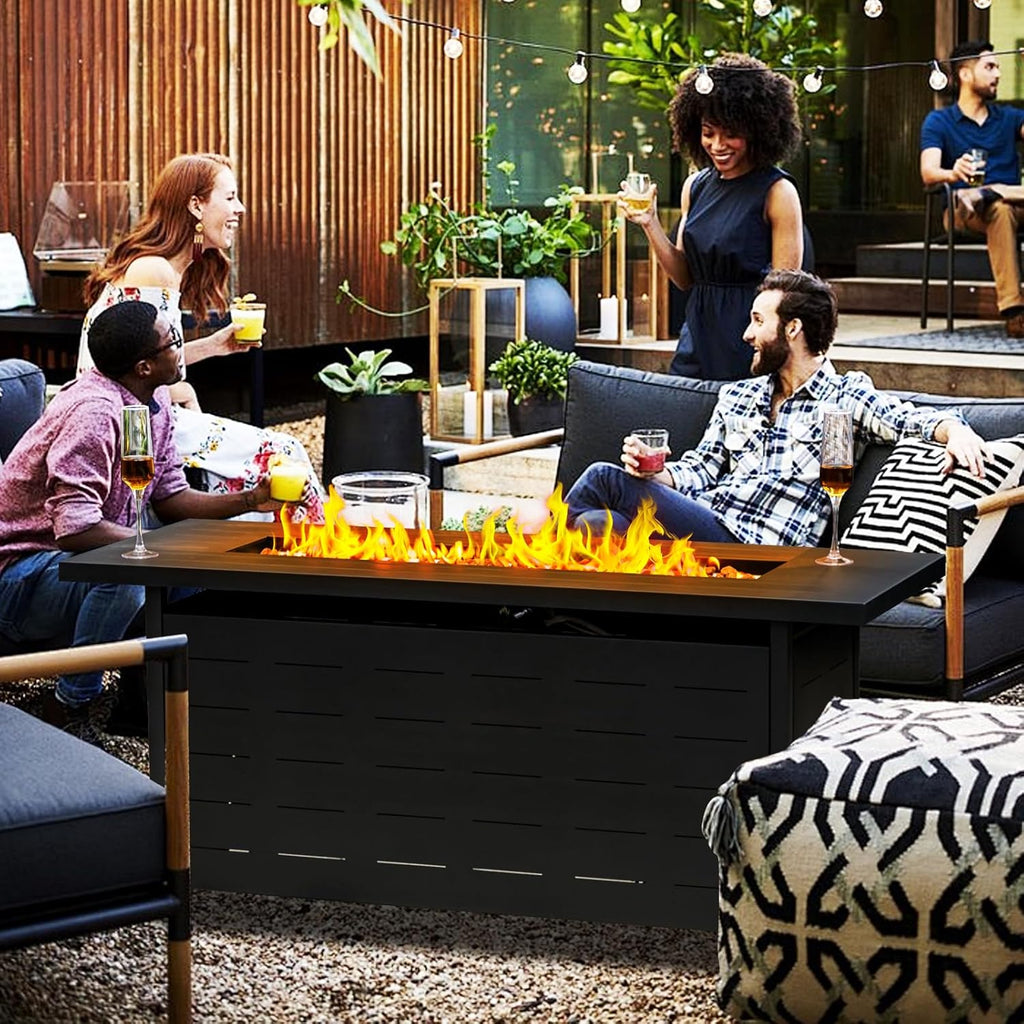 57 inch Propane Fire Pit Table,50000 BTU Gas Fire Pits Table with Lid & Lava Rock & Waterproof Cover