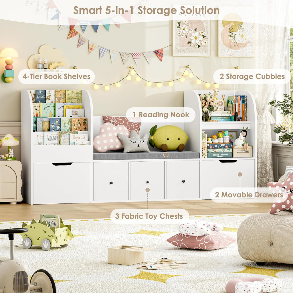 Kids Bookshelf with Reading Nook, Toy Organizer with Seat Cushion | 71'' Kids Bookshelf with 2 Movable Drawers and 3