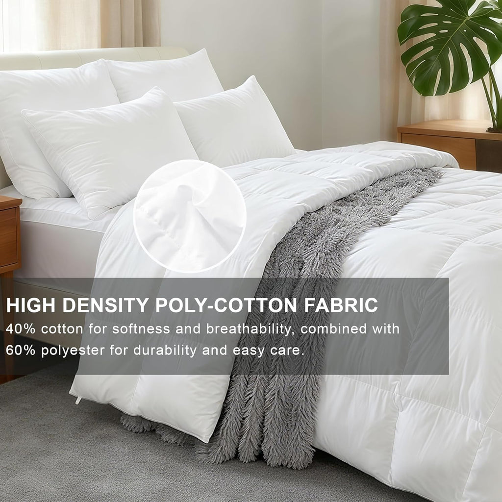 Luxury Goose Feather Down Fiber Comforter Queen, 300TC White Cotton Blended Duvet Insert