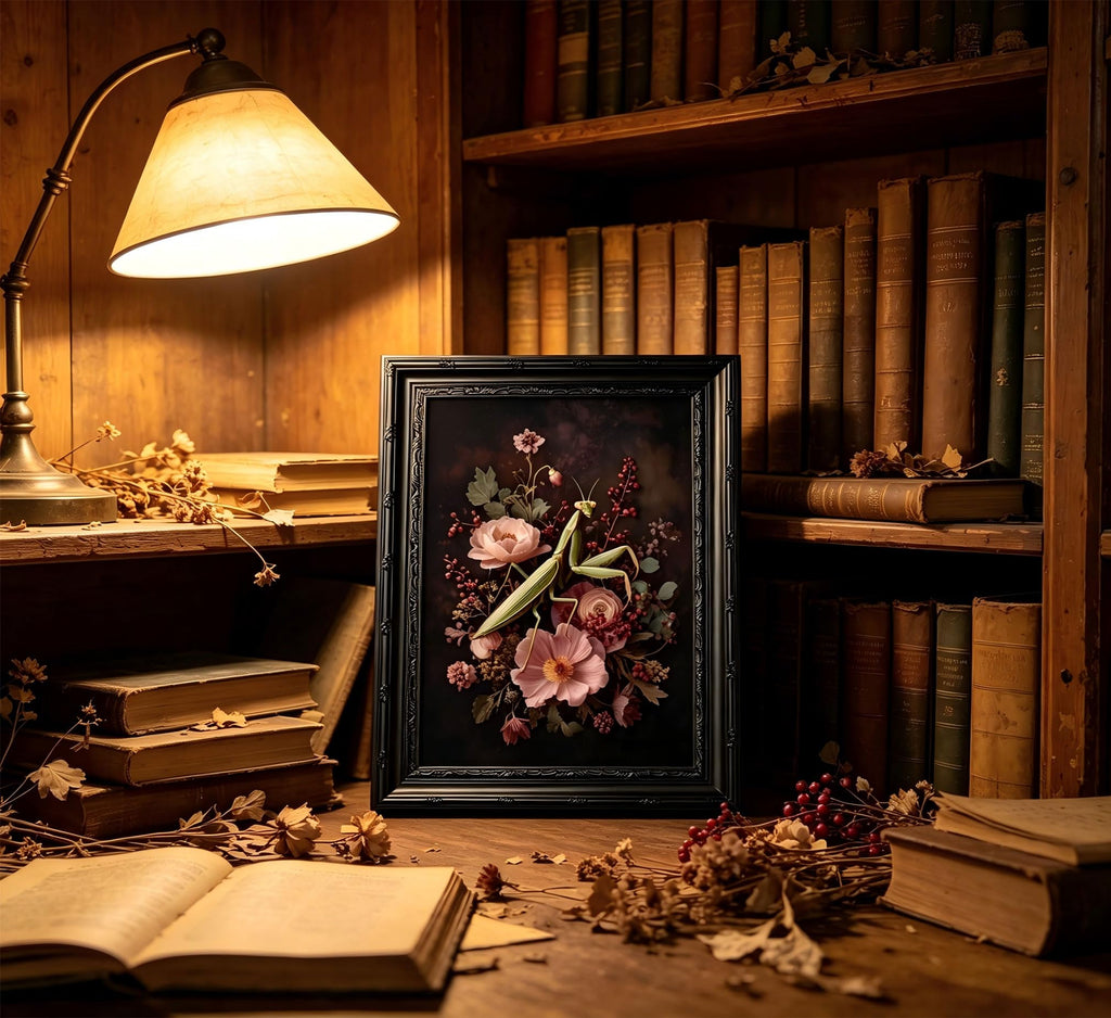 Dark Moody Landscape Framed Wall Art, Vintage Gothic Wildflower Meadow Canvas Print with Ornate Black Carved Frame