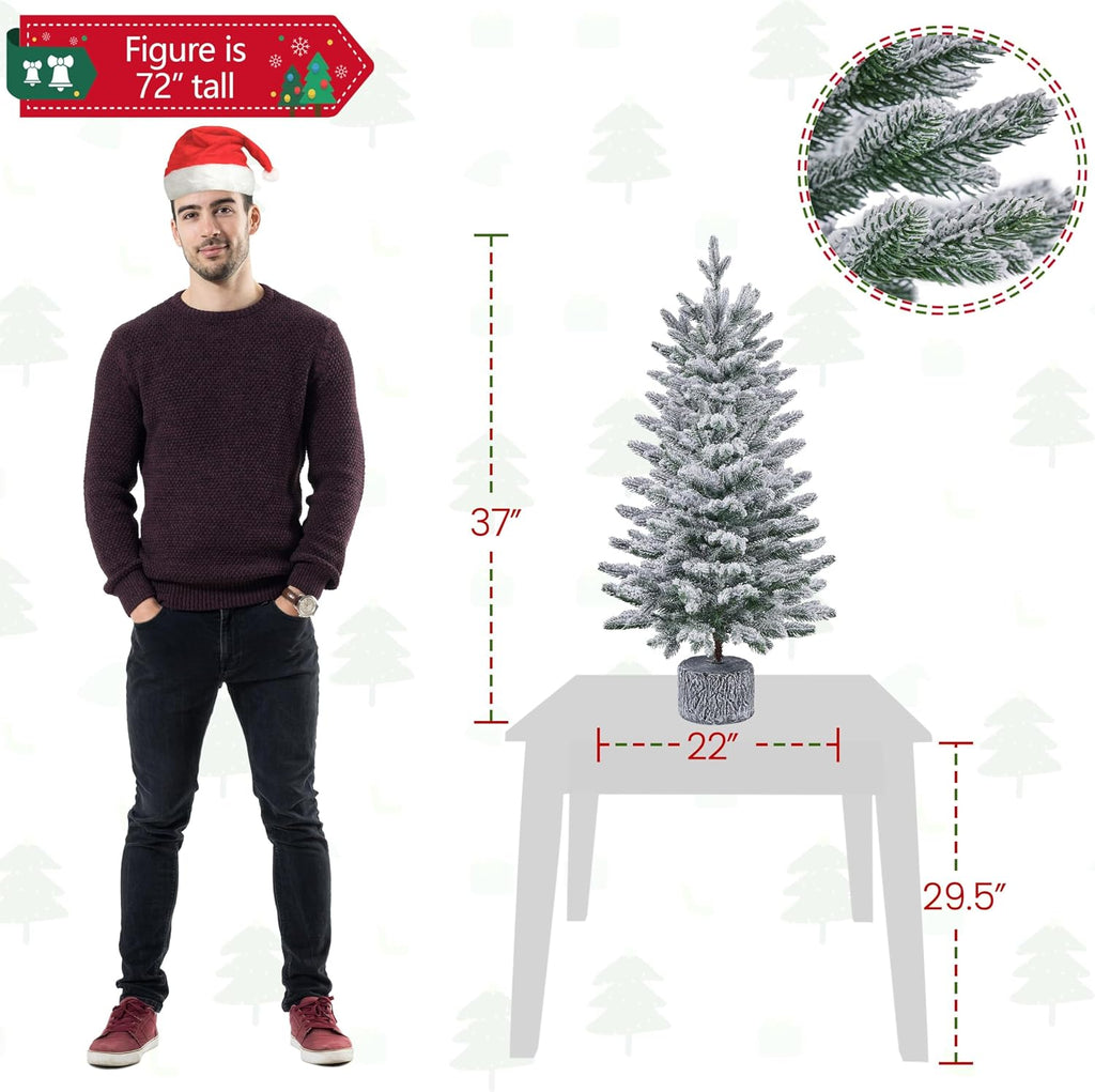 2Pcs Pre-lit Potted Flocked Christmas Tree for Holiday Decoration