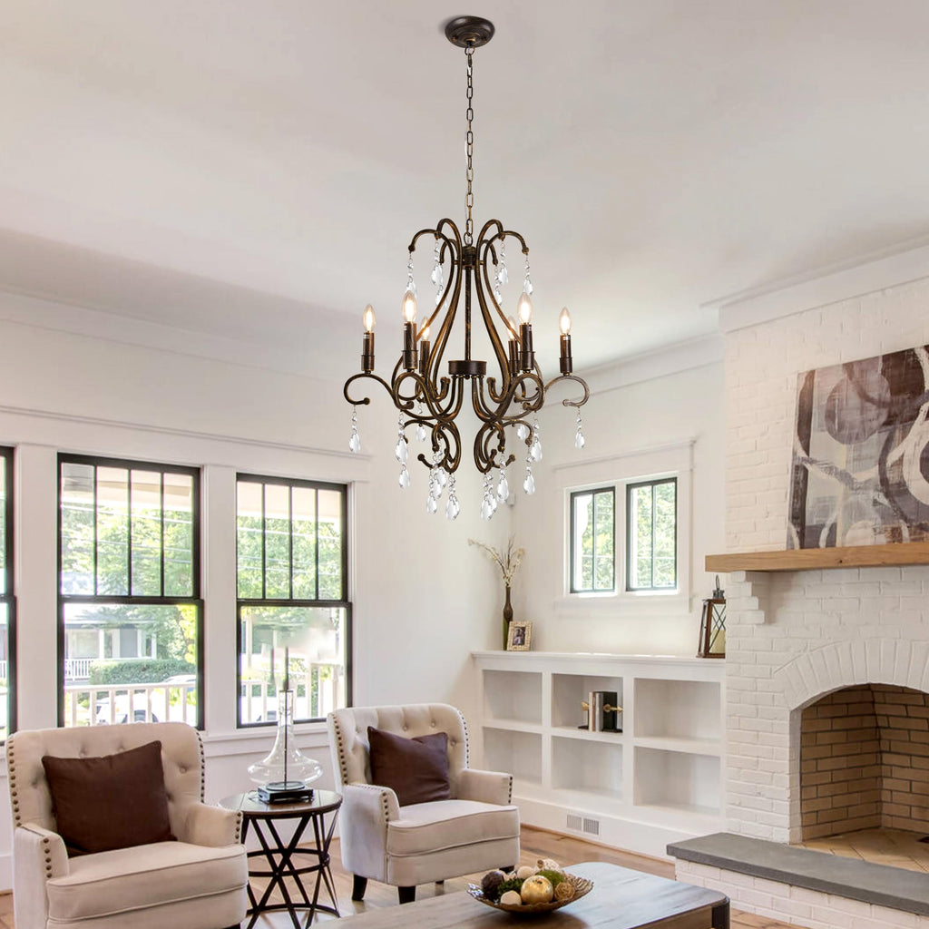 6-Light French Country Crystal Chandelier, Wrought Iron Antique Bronze, 24.8" Wide with Adjustable Chain for Foyer, Dining Room