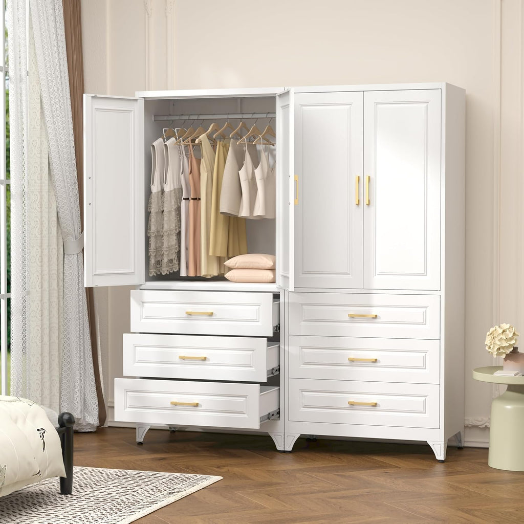 71" White Metal Armoire Wardrobe Closet with Doors and 3 Drawers | Freestanding Tall Steel Clothing Storage Cabinet