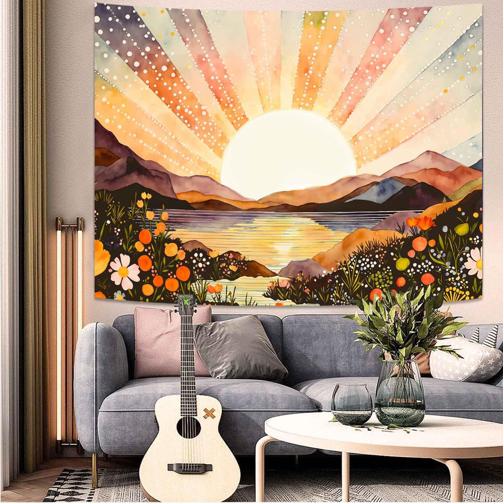 Sunburst Watercolor Tapestry - Landscape Wall Hanging with Mountains and Lake - Boho Aesthetic Decor Tapestries