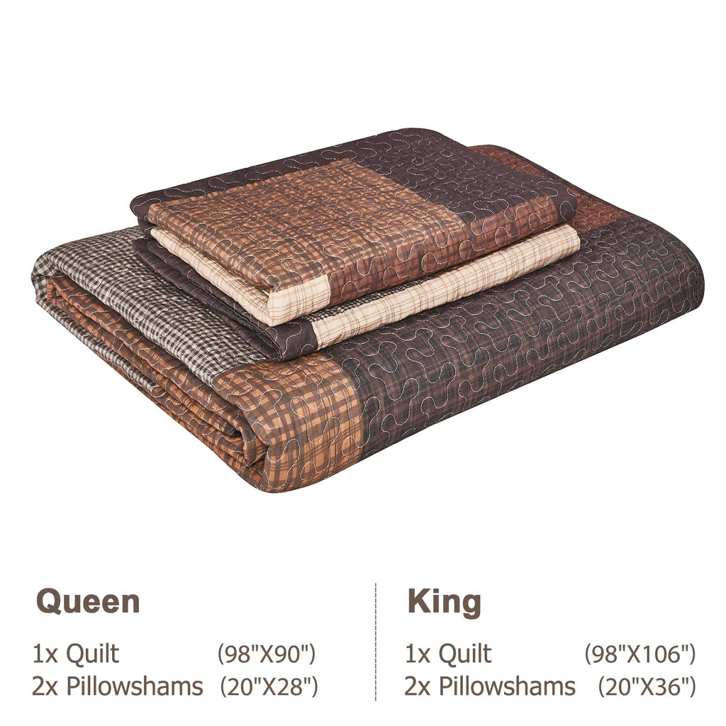 100% Cotton Quilt Set, Farmhouse Plaid Quilted Bedspread, Brown Lightweight Reversible Comforter Bedding
