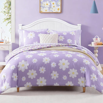 Comforter Set for Girls, Daisy Kids Bedding Set Reversible with Cute Floral, All Season Bed in a Bag Dorm 5