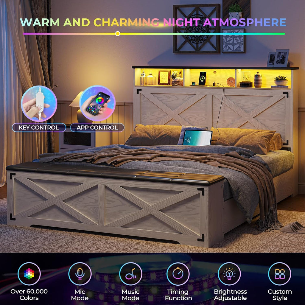 Farmhouse Queen Bed Frame with Storage Headboard, Charging Station and LED Lights Wood Platform Bed Frame Queen with