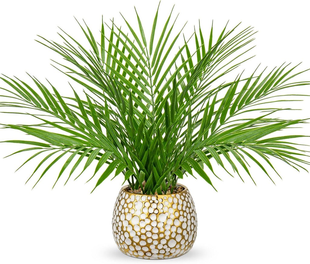Fake Plants 15'' Faux Palm Plant in Gold-White Pot | Realistic Tropical Artificial Plants Indoor Farmhouse Mini Palm