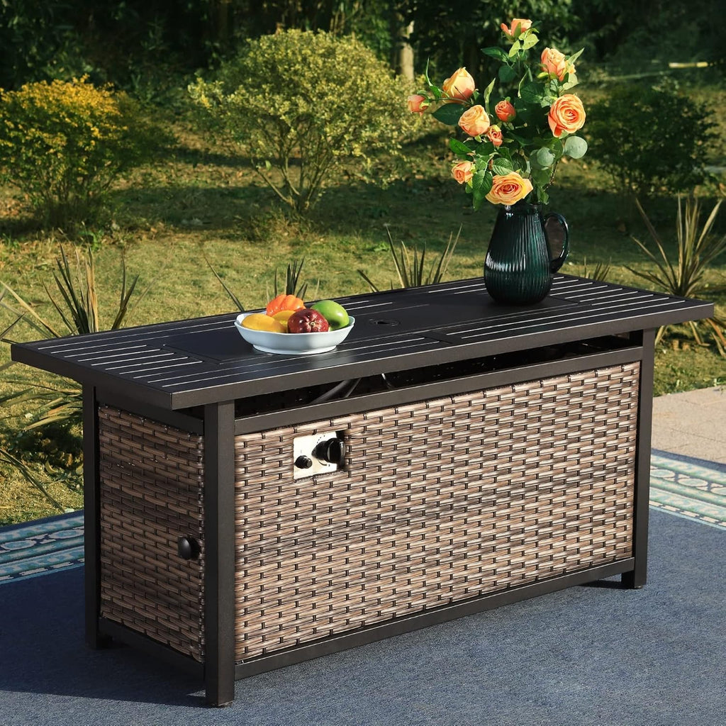 56 Inch Gas Fire Pit Table Outdoor Rattan Propane Fire Table & Fireplace with Fire Glass, Lid, 50,000 BTU Firepits for Outside Patio - Image 5