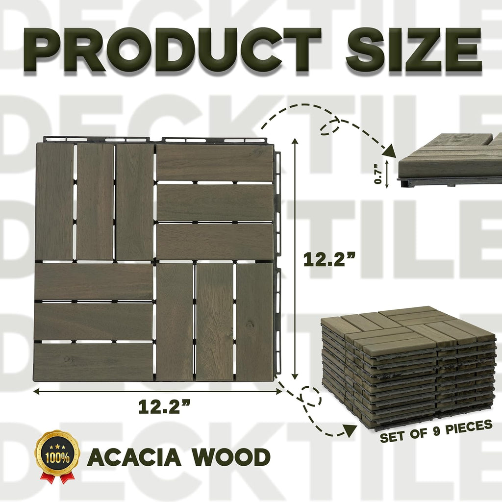 Natural Acacia 12x12 Interlocking Wood Deck Tiles for Balcony, Garden, Patio, Poolside Decor - Waterproof Indoor &