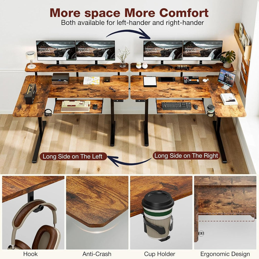 59 Inch L Shaped Standing Desk with Shelves and Keyboard, Electric Corner Standing Desk Adjustable Height, Sit Stand