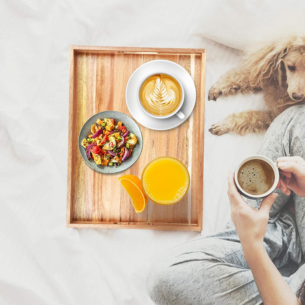 Acacia Wood Serving Tray with Handles (17 Inches) - Decorative Serving Trays Platter for Breakfast in Bed, Lunch