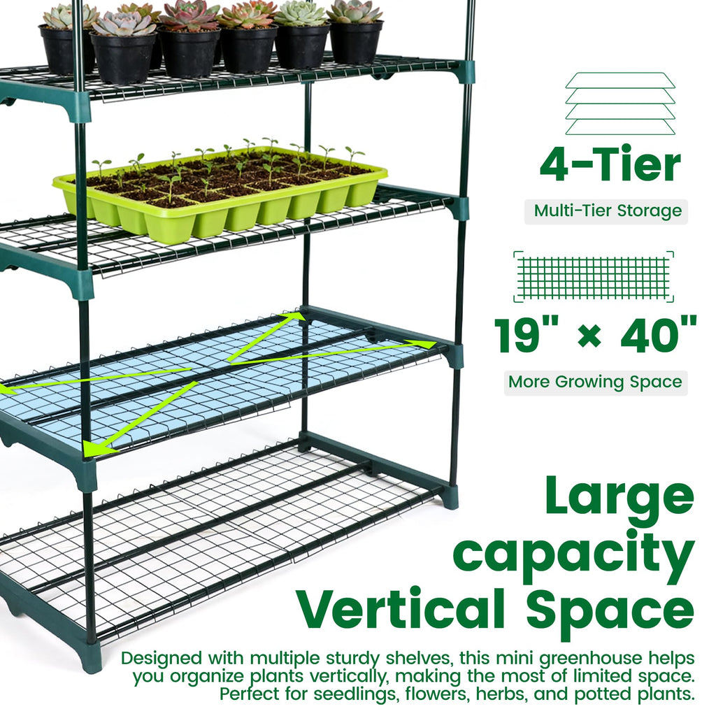 50% Extra Wide Mini Greenhouse 4 Tier Portable Plant Green House 40in Wide -Sturdy Gardening Shelves with PVC Cover