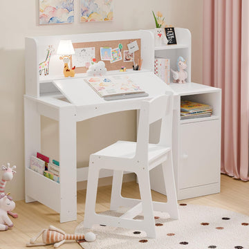 Kids Desk and Chair Set, Wooden Desk for Kids with Tiltable Desktop & Hutch, Kid Desk with Storage Cabinet, Study