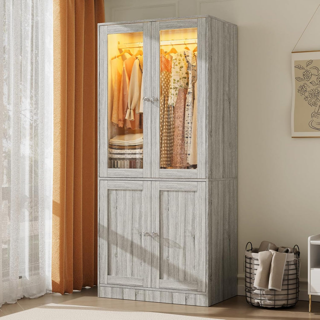 75" Tall Armoire Wardrobe Closet with 2 Glass Doors | Adjustable 3-color Lighting, Clothing Storage Cabinet with